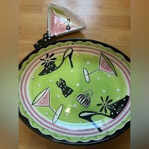 Chic Green and Pink girls night out Ceramic hand painted Platter Set